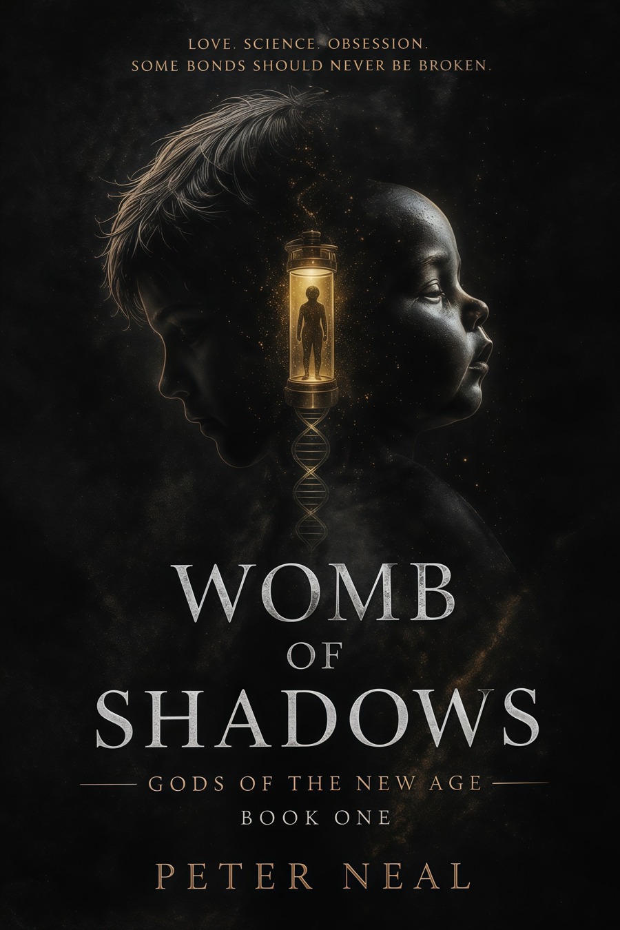 Womb of Shadows by Peter Neal — two faces, a glowing vial, and a DNA helix
